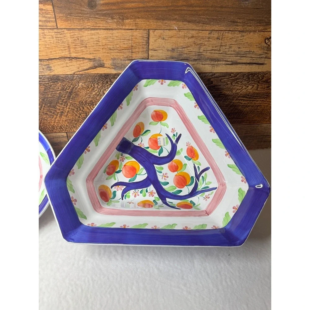Herend Village Pottery Peach Tree Platter & Triangle Bowl Set Blue Pink‎